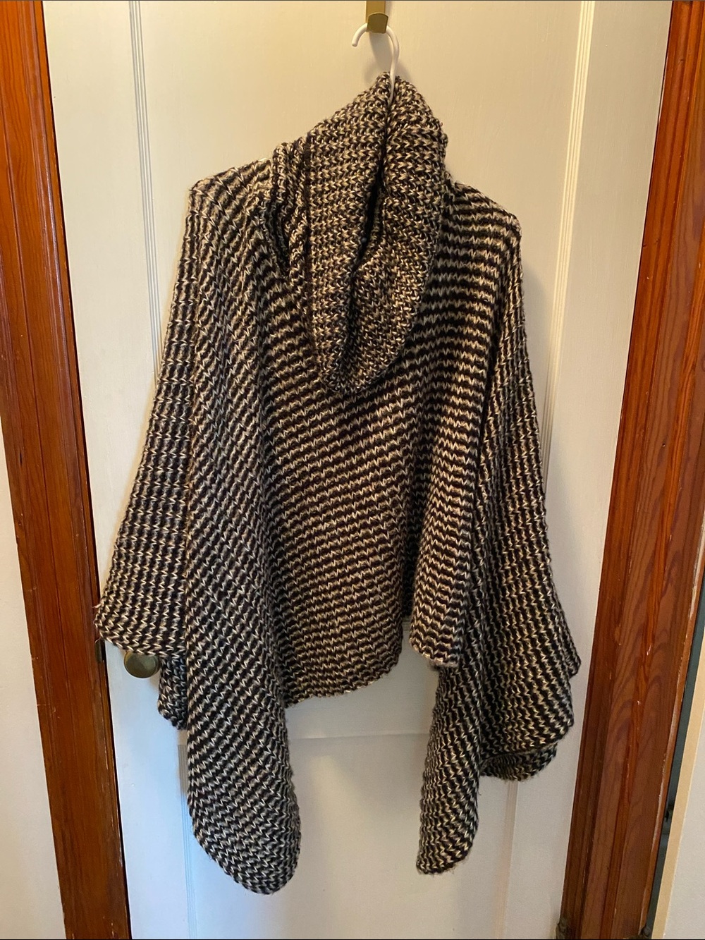 Cozy Black and Cream Knit Poncho with Hood.  Butter soft!